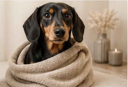 A dog wrapped cosily in a blanket